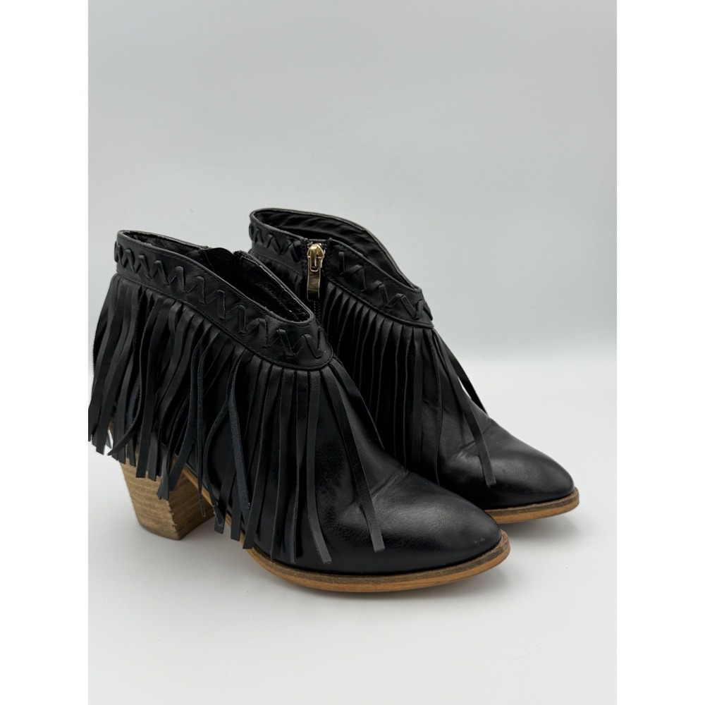 Beast Fashion Fringe Ankle Booties Women's 6.5 Black Western Heel Flaw